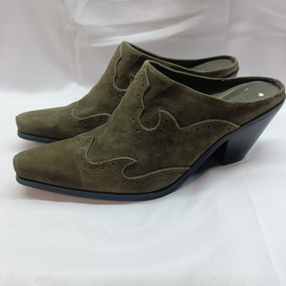 Coldwater Creek Olive Green Suede Western Mules Pointed Toe Block Heel 6.5M